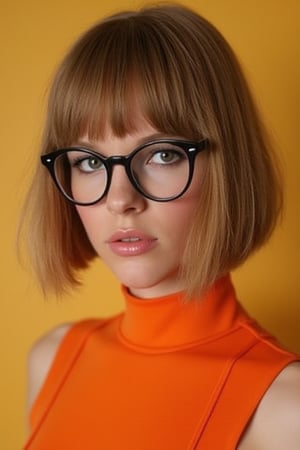 velma from scooby-doo, bobcut, very sultry look, so hot girl, beautiful charismatic girl, so hot shot, athletic body, a woman wearing eye glasses and an orange top, life-size figures,venetia