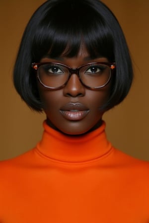 velma from scooby-doo, bobcut, very sultry look, so hot girl, beautiful charismatic girl, so hot shot, athletic body, a woman wearing eye glasses and an orange top, life-size figures,very dark skin,ebony,african