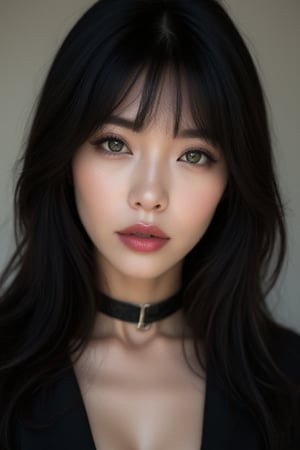 1girl, gorgeous, beautiful, korean, japanese, solo, solo focus, realistic, photorealistic, medium hair, black hair, long bangs, green eyes, bags under eyes, black eyeliner, long eyelashes, thick eyelashes, mascara, thick lips, full lips, lipgloss, lips, goth fashion, 2000s (style), black choker, pale skin, shiny skin, shiny clothes, shiny hair, shiny lips, shiny, high quality, best quality, 4k, 4k quality, close-up, hot