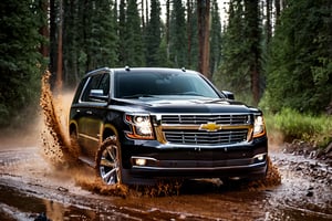 car photography, chevrolet tahoe (good composition), black color, rain, off-road, dirt, 8k, 4k, detailed, attractive, beautiful, impressive, photorealistic, realistic, cinematic composition, volumetric lighting, high-resolution, vivid, detailed, stunning, professional, lifelike, crisp, flawless, DSLR, 4k, 8k, 16k, 1024, 2048, 4096, detailed, sharp, best quality, high quality, highres, absurdres, maximum detail, hard rim lighting photography, hyper realism, high detail, 8k, HDR, UHD,