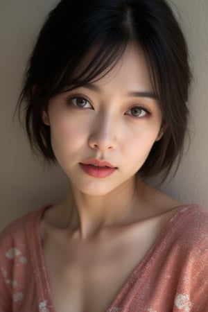 (8 k, Raw photo, Best quality, A high resolution:1.2), (realistic, photo-realistic:1.5), 1 girl, One , pale skin, Beautiful face, Cute, extremely detailed eyes, cherry heart shaped lips, upper body, kimono,