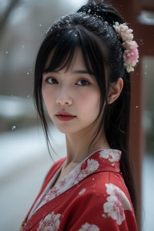 masterpiece, best quality, (photorealistic:1.4), 8K, RAW photo, ultra highres, extremely detailed eyes and face, slender, skinny, looking at viewer, kimono, temple, sakura, winter, snowfall, portrait, girl (black hair, shy, cute, hairclip)