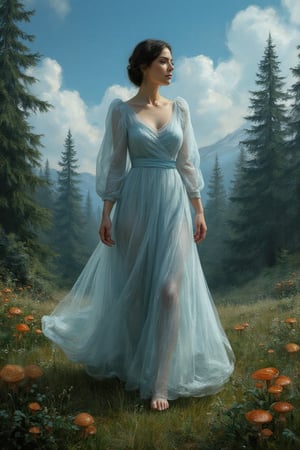 woman, dress, extremely detailed face, anatomically correct, symmetrical, concept art, 4 k, macro detail, stride, realistic shadows, mushroom trees, fir, deep beautiful blue, cinematic view, epic sky, detailed, concept art, artstation, realistic, octane render, heavy oil painting by greg rutkowski