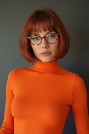 velma from scooby-doo, bobcut, very sultry look, so hot girl, beautiful charismatic girl, so hot shot, athletic body, a woman wearing eye glasses and an orange top, life-size figures,\realface\