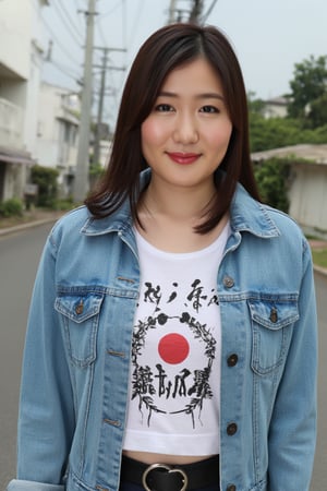 Akemi Kihara,japanese woman, t-shirt, denim jacket, outdoors