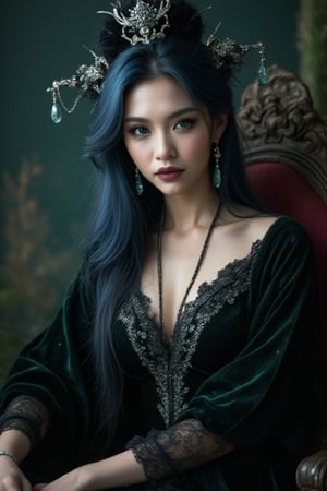 A mysterious and enchanting witch girl, gothic style, with ethereal makeup, emerald green eyes, midnight black lips, sapphire blue hair, dangling crystal earrings, cascading curls hairstyle, ornate Qing dynasty headdress, shimmering silver yarn, a starry night, and flowing velvet clothing, sitting on throne