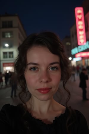 8k, best quality, masterpiece, ultra high resolution, (realism: 1.4), original photo, (Realistic skin texture: 1.3), (film grain: 1.3), (Selfie angle), woman, night sky and neon glow behind her, black hair tied in a french twist, fashionable clothes, 1940s style conservative dress, very pale skin