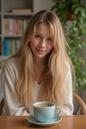 A long-haired woman sitting at a coffee table, indoor setting with warm lighting, soft focus on her face, she is holding a cup of coffee, natural expression, detailed background with books and plants, mid-shot framing, soft shadows, pastel color palette.