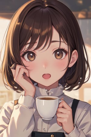 Young girl holding a cup of coffee in her hand, girl with a cute face, cute natural anime face, with a sweet - beautiful - face, young cute face, beautiful face of a japanese girl, brown hair and big eyes, cute kawaii girl, Beautiful bright big eyes