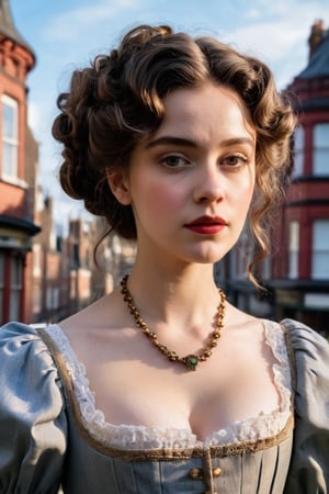 (a closeup of a beautiful  on a 19th century street in a vintage dress), (Serious:0.5), (Highly detailed face:1.4), pov, Nikon D850, film stock photograph, 4 Kodak Portra 400, camera f1.6 lens, saturated colors, hyper realistic, lifelike texture, dramatic lighting, Cinestill 800, 19th-century Victorian style, Evening, Vintage lighting, Medium curly hair