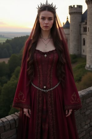 Gorgeous and sultry busty athletic (thin) brunette queen with sharp facial features wearing a modest updo, dark red medieval dress, long sleeves, intricate patterns, scrollwork, wide neck, crown, veil, long dress, modest dress, tight bodice, (silver waist chain), medieval jewelry, Middle Ages, castle, rampart, wall, exterior, on top of a castle wall, trees, countryside, evening, sunset.