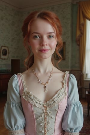 victorian woman who is a mash up of Molly Quinn, Scarlett Johanson and Alison Brie. Light Pink and Light blue dress. Green Eyes, Wide innocent smile, lace, jewels, large eyes, filligree, indoors, castle