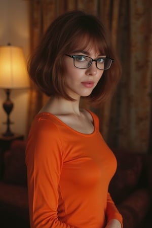 velma from scooby-doo, bobcut, very sultry look, so hot girl, beautiful charismatic girl, so hot shot, athletic body, a woman wearing eye glasses and an orange top, goth style mood, dark eye makeup, life-size figures