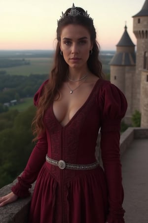 Gorgeous and sultry busty athletic (thin) brunette queen with sharp facial features wearing a modest updo, dark red medieval dress, long sleeves, intricate patterns, scrollwork, wide neck, crown, veil, long dress, modest dress, tight bodice, (silver waist chain), medieval jewelry, Middle Ages, castle, rampart, wall, exterior, on top of a castle wall, trees, countryside, evening, sunset.