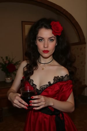 brunette woman, half body, with black hair and red rose in her hair. wearing red and black dress, holding a glass in her hands. sensual woman, penetrating look, extroverted. richness of details. 8k.