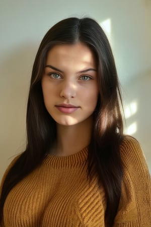 photo of a stunning girl, wear an autumn jumper, long hair on one side, looks at the camera, symmetrical eyes, symmetrical face, Photorealistic, photo, path tracing, mirror lighting, volumetric light for face, path of drawn hair, visible shadows, difficult, Louisa