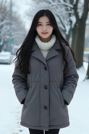 (realistic:1.7), (Cinematic quality:1.5), 1girl, cute, very sweet, cold girl on the snow, well covered with warm clothes, smile, hooded coat, long hair , masterpiece, best quality, (very aesthetic:1.2), (absurdres:1.2), (detailed background), woman, black hair, curly hair, long hair, olive eyes, slim waist,pale skin,Akemi Kihara,japanese woman