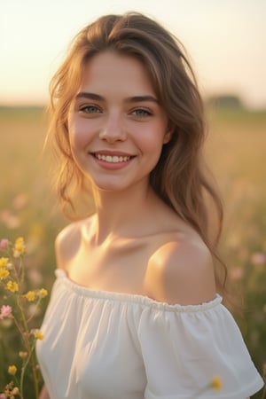 Best quality, masterpiece, ultra high res, (photorealistic:1.4), raw photo, 1girl, white dress, off shoulder, flower field, glowing skin, light smile,\realface\