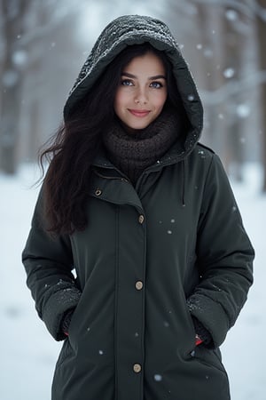 (realistic:1.7), (Cinematic quality:1.5), 1girl, cute, very sweet, cold girl on the snow, well covered with warm clothes, smile, hooded coat, long hair , masterpiece, best quality, (very aesthetic:1.2), (absurdres:1.2), (detailed background), woman, black hair, curly hair, long hair, olive eyes, slim waist, light skin