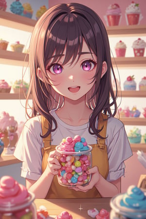 A vibrant anime girl with sparkling eyes, standing in a cozy dessert shop, surrounded by shelves filled with colorful candies. She holds a jar of rainbow-colored gummies, admiring them with a sweet smile. The shop is brightly lit, with soft pastel colors and warm lighting. The composition focuses on her face and the candies, with a slight angle to capture the excitement in her expression.