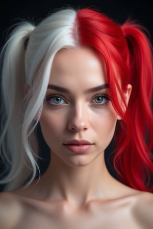 Portrait of a young, stunningly beautiful twin-tailed woman with red hair on the right half of her head and white hair on the left half, award-winning photo, 4k, 8k, studio lighting