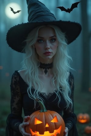 woman, albino, witch, pumpkin, night, bats