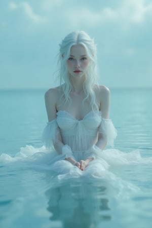 woman, dress made of water, sitting on the water,albino,white hair