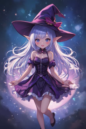 best quality, high resolution, 1 girl, elf, witch's hat, floating in space, energy sphere, light particles, shiny hair, shining stars, fantasy, anime