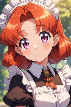 masterpiece, Best quality, 1 girl, purple eyes, orange hair,maid headdress, maid, anime mo artstyle