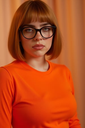 Billie Eilish, velma from scooby-doo, bobcut, very sultry look, so hot girl, beautiful charismatic girl, so hot shot, athletic body, a woman wearing eye glasses and an orange top, life-size figures