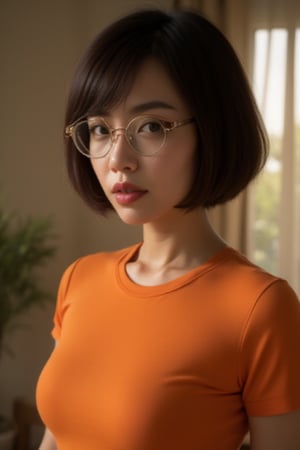 velma from scooby-doo, bobcut, very sultry look, so hot girl, beautiful charismatic girl, so hot shot, athletic body, a woman wearing eye glasses and an orange top, idol, life-size figures,asian