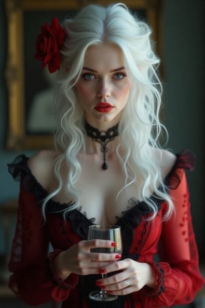 woman, half body, with white hair and red rose in her hair. wearing red and black dress, holding a glass in her hands. sensual woman, penetrating look, extroverted. richness of details. 8k,albino