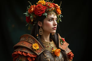 Vibrant Portrait of a Flower-Wreathed Warrior: A stunning, high-resolution image captures a woman of flawless anatomy, donning a breathtaking flower-adorned dress that complements her radiant personality. Against a dark background, the colorful flowers on her armor burst forth, symbolizing her strength and beauty. Soft, natural lighting accentuates the contours of her face, adding depth and dimension. The overall composition is masterfully executed, showcasing intricate details and achieving an unparalleled level of realism.