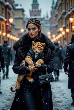 A captivating winter wonderland scene unfolds as a stunning Russian woman, featuring a prominent bust and striking physique, elegantly walks down a snow-lined Moscow street. The tiny baby Lion in her arms waddles along, its formal tuxedo-like feathers and curious gaze mesmerizing passersby. Snowflakes gently fall around them, adding to the photorealistic magic. The warm glow of streetlights illuminates the duo, set against the iconic cityscape's steel and stone backdrop, with the majestic Moscow architecture towering in the distance.