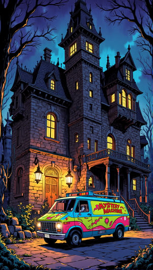 In a eerie midnight setting, the Mystery Machine is parked ominously in front of a foreboding haunted mansion. The building's facade features jagged turrets, crooked chimneys, and crumbling stone walls, all bathed in an unsettling yellow-orange glow from lanterns that seem to flicker with malevolent intent. High-resolution details reveal every nook and cranny, as if the very bricks are alive with dark energy. In the foreground, the Mystery Machine Van's psychedelic paint job seems out of place amidst the sinister surroundings, while the night air is heavy with an aura of foreboding. ((Detailed face and eyes)), ((detailed body)). ((Without driver, No driver, non-person))
With text at bottom "Manu Where are YU" in (freaky text) style. (Detailed texts), correct texts.