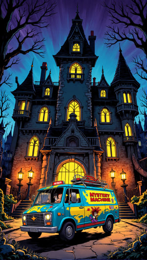 In a eerie midnight setting, the Mystery Machine is parked ominously in front of a foreboding haunted mansion. The building's facade features jagged turrets, crooked chimneys, and crumbling stone walls, all bathed in an unsettling yellow-orange glow from lanterns that seem to flicker with malevolent intent. High-resolution details reveal every nook and cranny, as if the very bricks are alive with dark energy. In the foreground, the Mystery Machine Van's psychedelic paint job seems out of place amidst the sinister surroundings, while the night air is heavy with an aura of foreboding. ((Detailed face and eyes)), ((detailed body)). ((Without driver, No driver, non-person))
With text at bottom "Manu Where are YU" in (freaky text) style. (Detailed texts), correct texts.