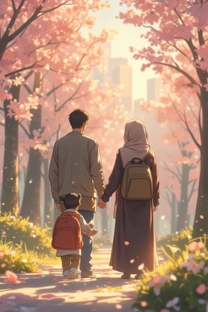 A serene family scene by Makoto Shinkai, featuring a man and a hijab-wearing woman holding hands, standing in a picturesque park. A young 4-year-old preschool boy with a backpack stands beside them, looking curious. A 1-year-old toddler girl with two pigtail hair knots sits on the ground, playing with leaves. Soft, warm lighting bathes the scene, with cherry blossoms gently falling in the background. The composition is centered, capturing the family's loving bond.