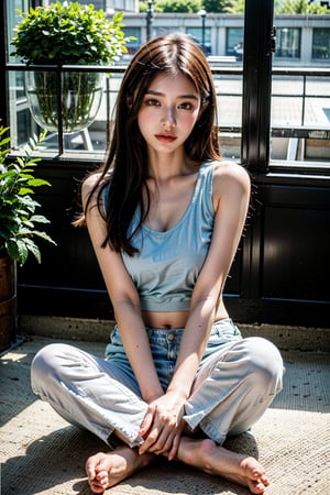 A young woman with long brown hair and blue eyes is posing for a portrait. She's wearing a white crop top and red high-waisted pants, sitting cross-legged on the floor with one hand resting on her chin. Her gaze is directed slightly away from the camera, giving her a contemplative look. The background is plain and light-colored, which puts the focus entirely on her, surrounded by soft flowers,garden setting. gentle colors, watercolor, fluid brushstrokes, dreamy, ethereal, soft light, delicate details, artistic elegance,illustr3alFlux