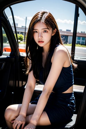 Young woman with dark curly hair, seated in a car, hand resting on her forehead, looking thoughtfully at the camera, projecting a mood of pensive introspection and quiet confidence], [Photographic portrait, film photography style], [Inspired by the work of Ryan McGinley and Larissa Hofmann], [Warm, slightly desaturated color palette; soft, natural lighting; visible film grain and texture; shallow depth of field; focus on the woman's face and eyes; the background is blurred, showing the interior of a car; the overall aesthetic is reminiscent of candid snapshots; slightly underexposed for a moody effect, hubg_beauty_face