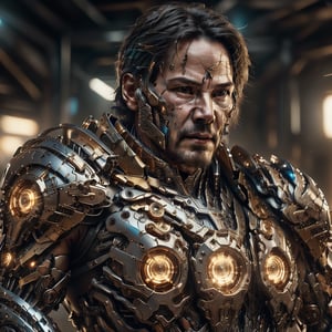 keanu reeves as Optimus Prime, head is Keanu Reeves, realistic, detailed, ultra detailed realistic illustration, detailed face, top_half body view, backlit, glamour, shimmer, shadows, strokes, smooth, ultra high definition, 8k, unreal engine 5, ultra sharp focus, highly detailed, vibrant, cinematic production character rendering, very high quality model, top_half body view, hyper detailed photography, soft light, ultra detailed, immensely attractive, detailed face, detailed eyes, gold armor, black armor,TransformersStyle,mech4rmor,glowing,(close up view), realistic face , keanu reeves with beard,