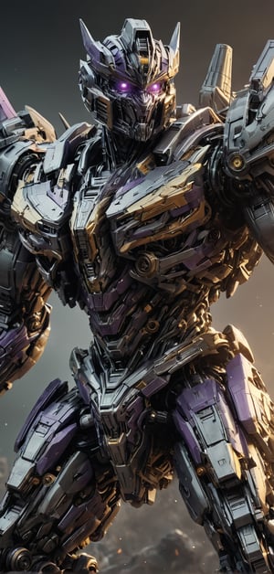 (extremely detailed 4k wallpaper), a medium full body photo of Trypticon transformer,intricate, highly detailed, dramatic, in Trypticon transformer costume,screaming, golden accents, decepticon, supreme, powerful, undefeated, chrome armor, bright chrome body, purple glowing eyes. Shoulder cannon (rail gun), (((zoomed out:1.5))),TransformersStyle