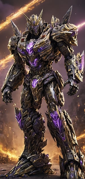 (extremely detailed 4k wallpaper), a medium full body photo of Trypticon transformer,intricate, highly detailed, dramatic, in Trypticon transformer costume,screaming, golden accents, decepticon, supreme, powerful, undefeated, chrome armor, bright chrome body, purple glowing eyes. Deadly shoulder rail gun, 