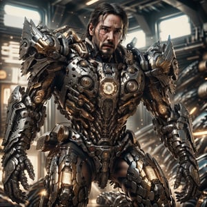 keanu reeves as Optimus Prime, head is Keanu Reeves, realistic, detailed, ultra detailed realistic illustration, detailed face, full body view, backlit, glamour, shimmer, shadows, strokes, smooth, ultra high definition, 8k, unreal engine 5, ultra sharp focus, highly detailed, vibrant, cinematic production character rendering, very high quality model, top_half body view, hyper detailed photography, soft light, ultra detailed, immensely attractive, detailed face, detailed eyes, gold and black armor,TransformersStyle,mech4rmor,glowing,(close up view), face focus, keanu reeves with beard,