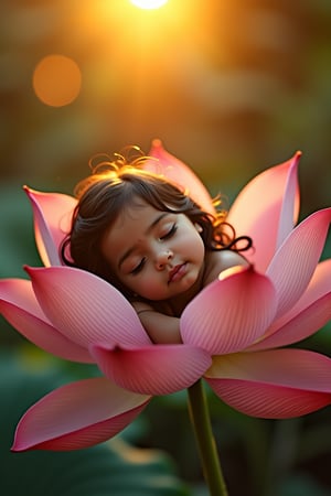 A serene and peaceful scene unfolds as a young Indian girl lies gently in the petals of a blooming lotus flower, her eyelids slightly closed, her breathing soft and even. The warm golden light of sunrise casts a gentle glow on her delicate features, with the lotus's center cupped around her like a celestial cradle.