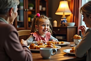 A warm and cozy setting: a grandmother's home. The camera frames young Anna sitting at a wooden table, surrounded by the gentle hum of conversation and the aroma of freshly cooked food. Soft lighting illuminates her happy face as she takes her first bite of babushka Maria's lovingly prepared meal.