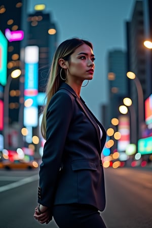 A young woman in a sleek business suit stands confidently in front of a city skyline, her hands clasped behind her back as she gazes out at the bustling streets. The soft glow of streetlights illuminates her determined expression, while the bright lights of billboards and skyscrapers cast a vibrant hue on her features. A fusion of modernity and professionalism.