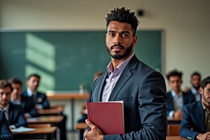 A person stands confidently in a well-lit classroom, with a determined expression on their face. The framing of the shot focuses on their powerful stance, emphasizing their right to education. Soft lighting highlights the importance of this concept, as the person holds a book or diploma, symbolizing their pursuit of knowledge. The background is blurred, keeping the viewer's attention on the subject's courageous pose.