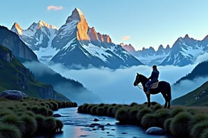 A majestic mountain range stretches across the frame as a lone rider perches atop a proud horse, cloaked in misty Alpine air. The sun casts a warm glow on the snow-capped peaks, while the rider's figure is silhouetted against the vibrant blue sky. A gentle stream babbles in the foreground, leading the eye to the serene landscape.