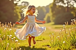 A young girl twirls in a playful manner, her blonde hair flying as she moves with carefree abandon. The scene is set in a sunny meadow, with wildflowers swaying gently in the breeze. Soft focus and warm lighting capture the joy and freedom of the moment, as the dancer's skirt flows like silk around her legs.