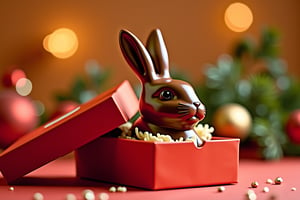 A festive holiday scene: a red chocolate rabbit sits proudly on a table, nestled in its crimson box. Warm golden lighting illuminates the composition, casting a gentle glow on the smooth surface and the rabbit's glossy coat. The box's lid is slightly ajar, revealing a hint of creamy white interior, as if beckoning viewers to indulge in the sweet treat within.